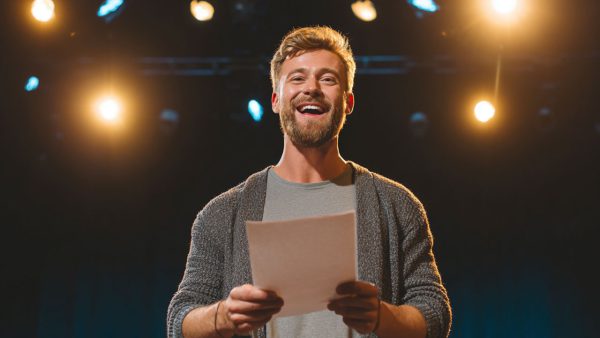Male actor performing a comedic monologue, expressive and funny, highlighting humor and timing for auditions.
