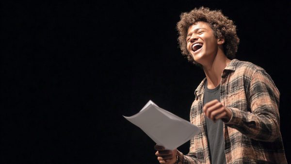 Teen boy performing a comedic monologue on stage, expressive and funny, ideal for auditions or acting class.
