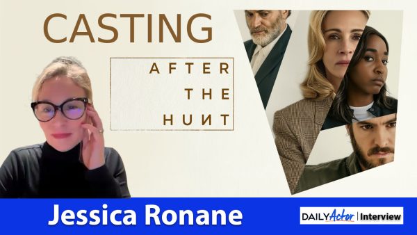 Casting director Jessica Ronane and the main cast of “After the Hunt,” with the word CASTING and the movie’s title displayed on the background.