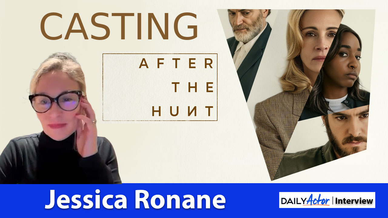 Casting director Jessica Ronane and the main cast of “After the Hunt,” with the word CASTING and the movie’s title displayed on the background.