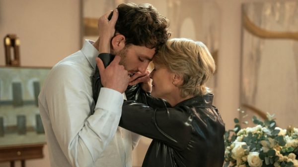 Robin Wright and Laurie Davidson share an emotional moment in a scene from Prime Video’s The Girlfriend.