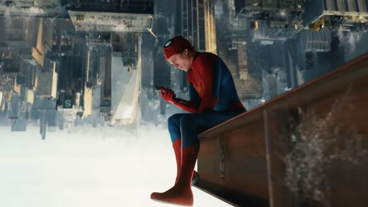 Tom Holland as Spider-Man sitting on a building in NYC